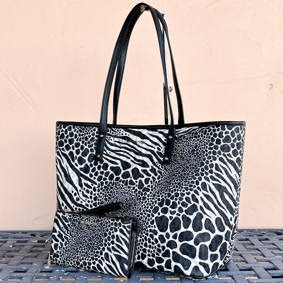 Michael Kors Carter Large Open Tote Bag + Double Zip Wallet MK Zebra Print Black - Picture 4 of 16